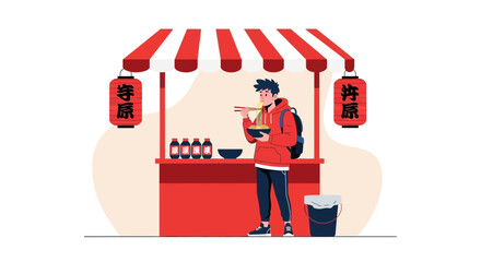 Man Enjoying Ramen at A Vibrant Food Stall on A Busy City Street