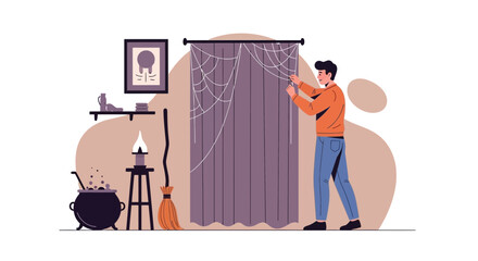 Preparations For The Halloween Festive A Man Decorating His House With Spider Webs