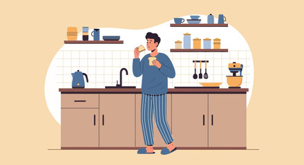 Man Enjoying Toast And Coffee In Kitchen Morning Routine Vector Illustration