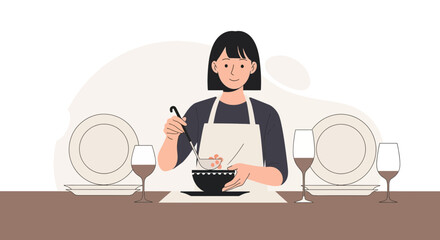 Preparing Elegant Dinner With Wine By Woman At Beautiful Table Setting