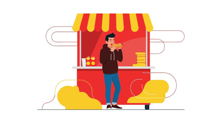 Man Enjoys Delicious Hotdog From Street Vendor In Vibrant Flat Design Style