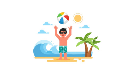 Man Enjoying Summer Vacation Playing with Beach Ball on Sunny Tropical Beach