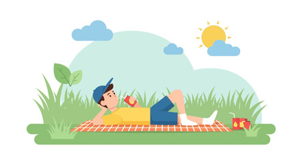 Man Enjoying Picnic On A Sunny Day Outdoor Relaxation Scene Flat Vector