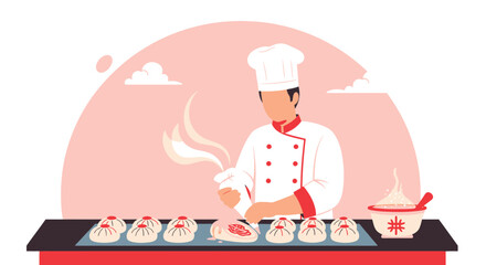 Preparing Culinary Delights Chef Illustrates Exquisite Asian Dumpling Dish