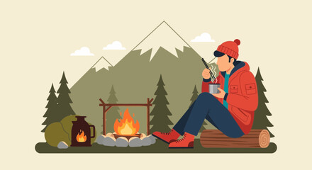 Man Enjoying Ramen By Campfire During Outdoor Adventure In Nature Scenery