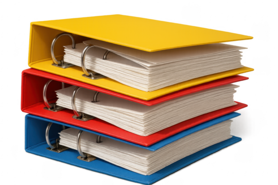 Stack of colorful ring binders full of documents on transparent background