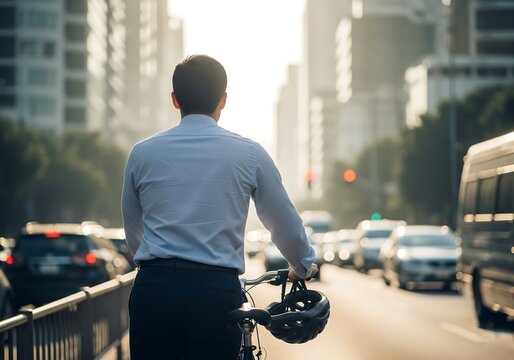 Bike to work: A young office worker or businessman wearing a backpack rides to work. An environmentally friendly transportation concept.