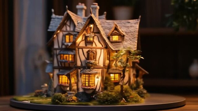 This enchanting miniature fantasy house features detailed design and warm lighting. 4k video