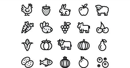 Line Drawing of a Collection of Isolated Farm Animals and Fruits for Educational Purposes
