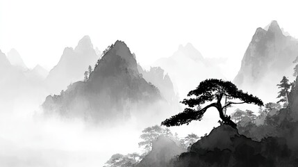 Misty mountain landscape with lone pine