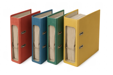 Four colorful ring binders standing on transparent background