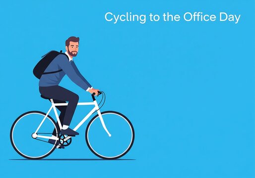 Vector image of a man going to the office by bicycle, Man wearing office attire, with a backpack riding a bicycle on a bright blue background. Commemoration of cycling to the office day
 - Powered by Adobe