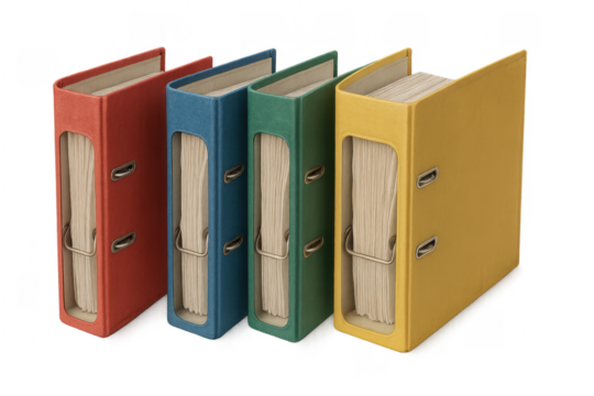 Four colorful ring binders standing on transparent background