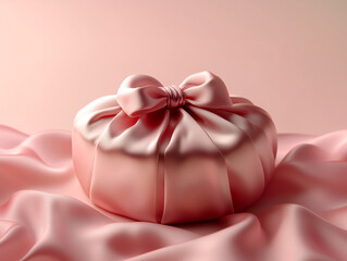 Pink satin bojagi resting on flowing fabric background