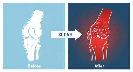 Medical infographic showing the effects of sugar on joints, a before and after concept of gout and arthritis development. Health awareness design.
