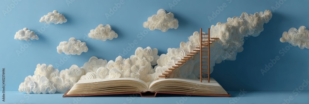Poster open book with stairs leading to clouds shaped like a brain illustrating creativity and imagination 