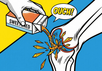 Pop art illustration of a sweetened drink causing gout. A health warning concept about sugar and joint pain with a comic book style. Ouch!