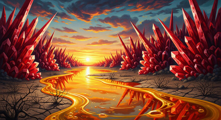 Surreal landscape representing gout. A river of golden liquid flows through a valley of red uric acid crystals. Metabolic disease concept.