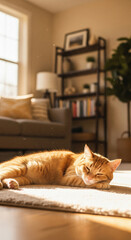 A cute ginger cat napping on a carpet in a cozy, sunlit living room. Concept of warm, peaceful domestic lifestyle and pet care.