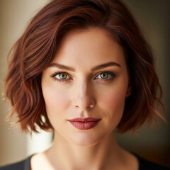 Realistic headshot of a beautiful Caucasian woman with short red hair and green eyes. Beauty, skincare, and hairstyle concept portrait.