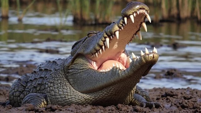 Aggressives Krokodil mit ge&ouml;ffnetem Maul am Flussufer