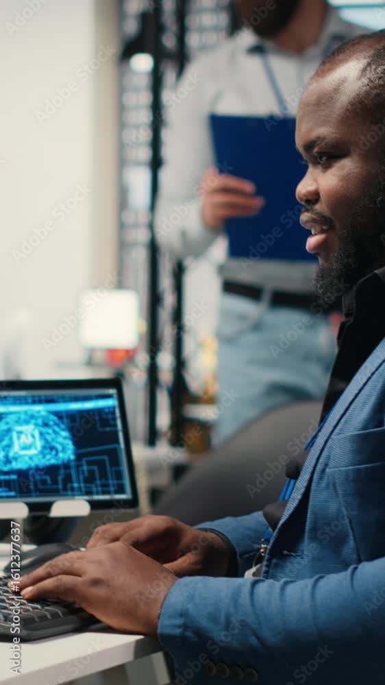 Poster vertical video professional advisor reviewing kpi reports with artificial intelligence tools on comp