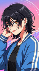 Japanese anime style character of a cool girl with short black hair and golden eyes. Manga illustration for gaming, comics, or youth culture.