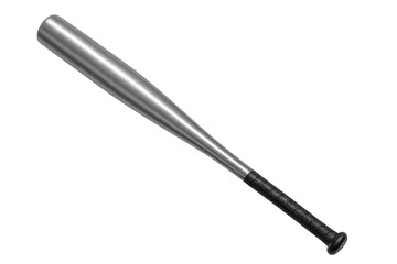 Baseball bat with metal body and black handle lying on transparent background