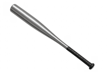 Baseball bat with metal body and black handle lying on transparent background