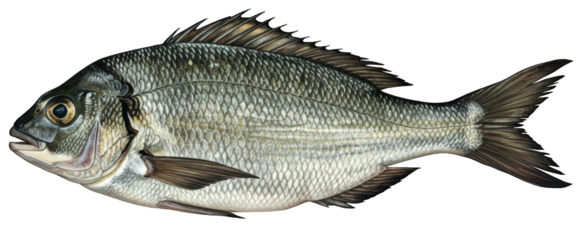 A detailed illustration of a common bream (Abramis brama) on a transparent background, seen from the side.