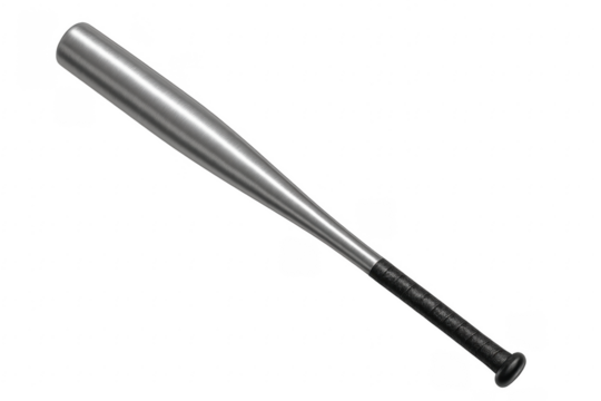 Baseball bat with metal body and black handle lying on transparent background