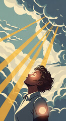 A person basks in sunbeams breaking through clouds. A retro-style illustration symbolizing hope, health, wellness, and vitamin d.