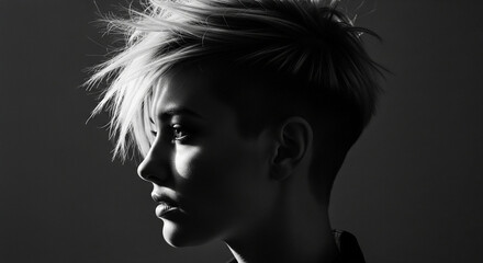 High-fashion, black and white profile portrait of a woman with an edgy haircut. Dramatic, high-contrast concept for beauty and style.