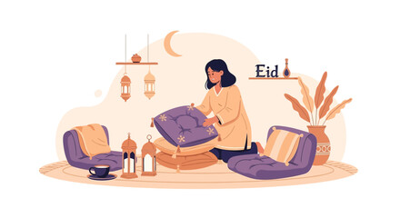 Preparing The Living Room For Eid Celebrations With Cushions And Lanterns
