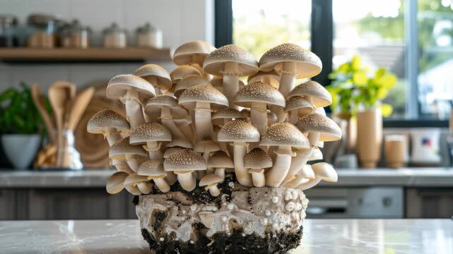 Mushrooms growing in a kitchen setting. Mushrooms are popular for their culinary versatility and nutritional value.