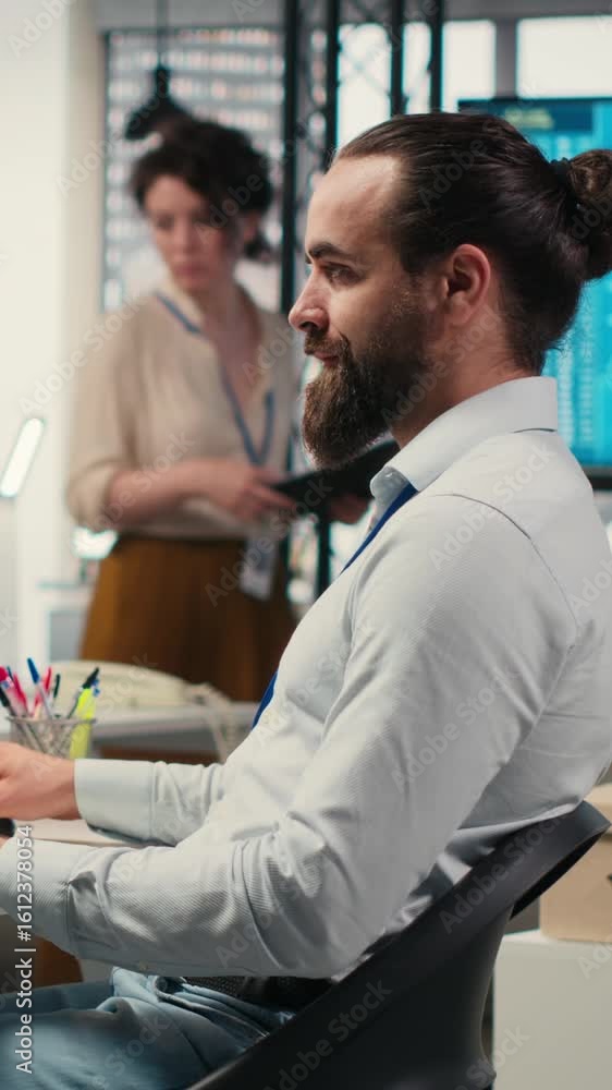 Poster vertical video it specialist uses ai neural networks for data sharing and digitalization, working in