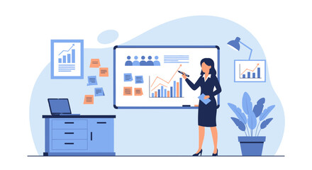 Fototapeta premium Professional Woman Presenting Data Analysis And Charts On Whiteboard In Office