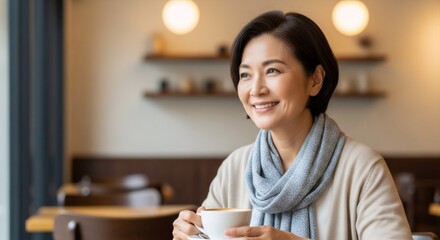 A happy asian woman with short hair smiles while holding a coffee cup in a cafe. Enjoying hot beverage.