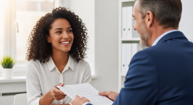 Happy african american woman gives cv to male recruiter. Female job applicant passing resume to hiring manager at interview.