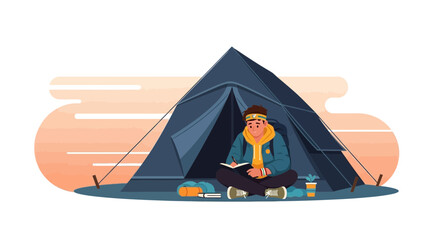 Obraz premium Relaxed Hiker Enjoys The Outdoors While Journaling Near Camping Tent