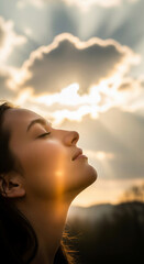 Close-up of a serene woman with eyes closed, basking in sunlight. Concept of wellness, relaxation, mental health, and freedom.