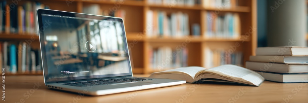 Aufkleber educational video paused on laptop with open notebook in a library setting