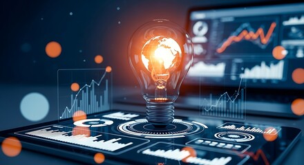 Glowing light bulb symbolizing innovation and technology with digital data displays