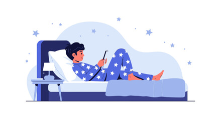 Relaxing Evening Young Man Using Tablet In Bed Before Sleep Illustration