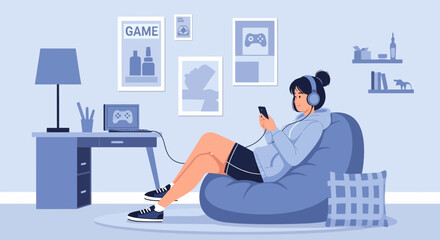 Relaxing In A Beanbag Chair Young Woman Browsing Internet On Her Smartphone