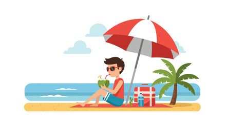 Relaxing Man Sits Under Umbrella Enjoying Refreshing Coconut Drink On Sunny Beach