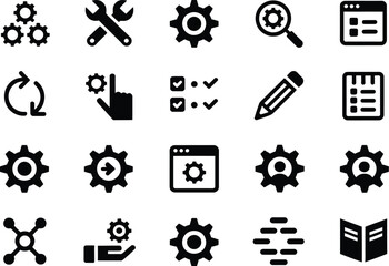 Collection of a Plain Configuration Icons, Including Gears, Wrenches