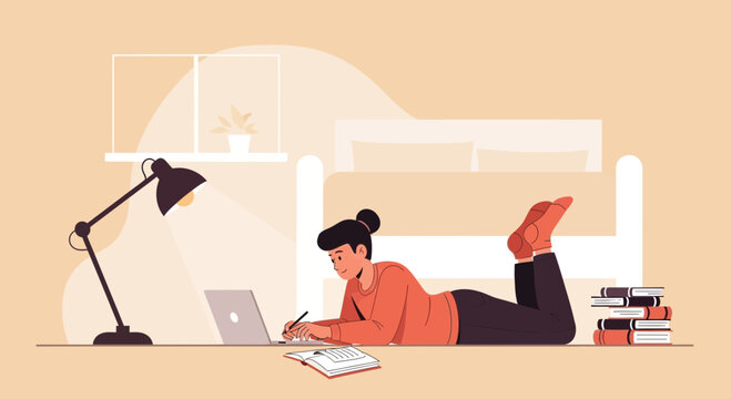 Woman Is Lying On The Floor While Studying At Home Late Night