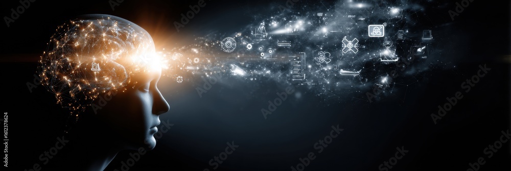Poster open head with light beams and floating knowledge icons representing enlightenment and creativity in