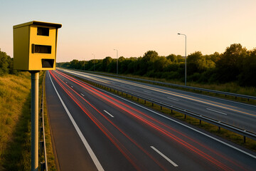 Speed Camera Overlooking Empty Highway with Light Trails at Sunset